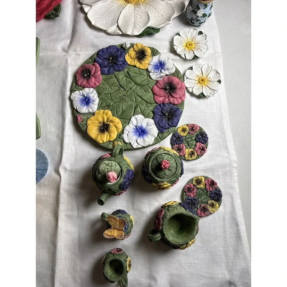 4 Miniature Floral Tea Sets Rose Daisy Butterfly Pansy Garden Decor Lot